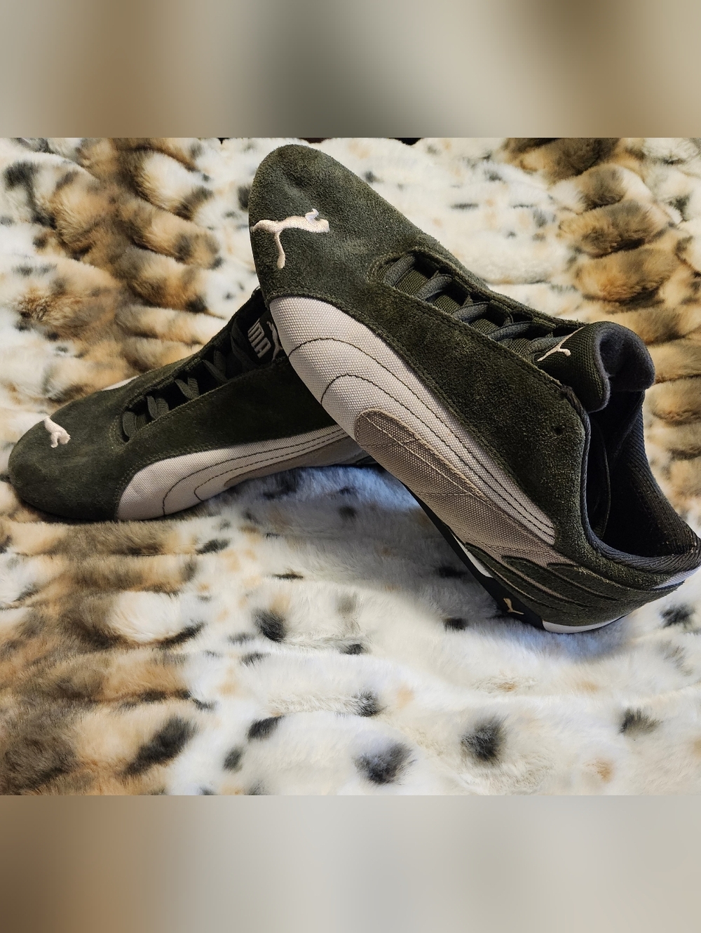 Puma Olive Green Suede Low-Top Sneakers with White Panels